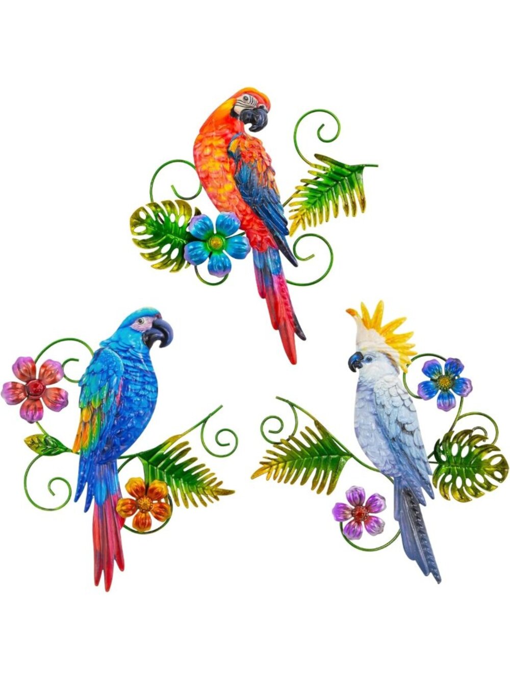 Colorful Metal Parrots Wall Art - Outdoor Garden Decor, Patio & Yard